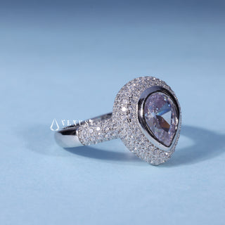 Pear Cut Bezel Moissanite Halo Engagement Ring with Pave opposite side view
