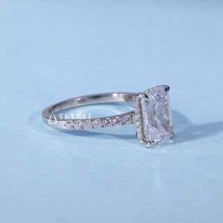 Side profile of Hidden Halo Emerald Cut Engagement Ring with Moissanite Pave