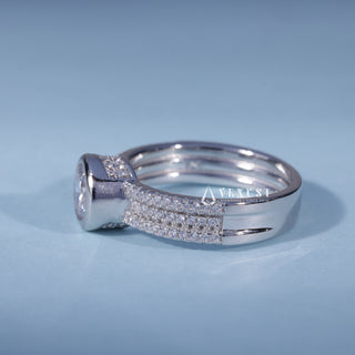 Round Moissanite Three Row Pave Engagement Ring with Bezel opposite side view