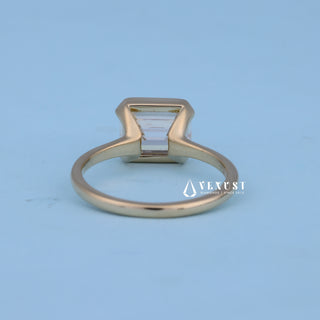 East West Emerald Cut Bezel Engagement Ring with Moissanite opposite side view