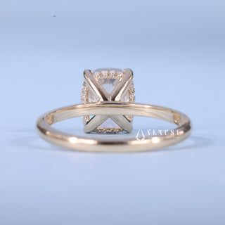 Chic 1.0ct cushion hidden halo moissanite ring close up of the setting