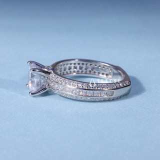 Round Cut Moissanite Three Row Pave Engagement Ring opposite side view