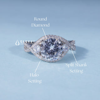Round Moissanite Split Shank Halo Engagement Ring with Pave setting and band details