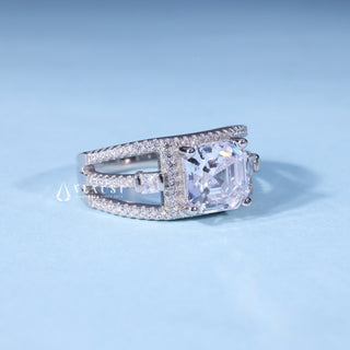 Side profile of Asscher Cut Moissanite Halo Cluster Engagement Ring