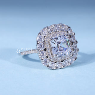 Top view of Asscher Cut Cathedral Moissanite Engagement Ring with Halo