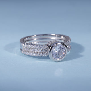 Rear gallery view of Round Moissanite Three Row Pave Engagement Ring with Bezel