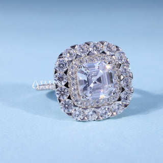 Rear gallery view of Asscher Cut Cathedral Moissanite Engagement Ring with Halo