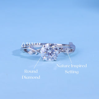 Round Cut Nature Inspired Moissanite Engagement Ring setting and band details