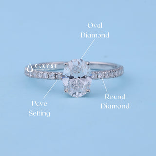 Classic Oval Cut Moissanite Pave Engagement Ring Solitaire setting and band details