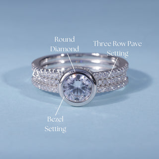 Round Moissanite Three Row Pave Engagement Ring with Bezel setting and band details