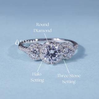 Round Halo 3 Stone Moissanite Engagement Ring with Pave setting and band details