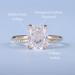 Chic 1.0ct cushion hidden halo moissanite ring shown on a finger