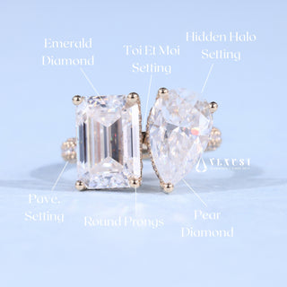 1.0CT Emerald & Pear Moissanite Diamond Hidden Halo Toi Et Moi Engagement Ring
