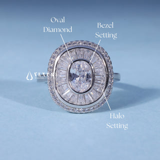 Oval Cut Bezel Set Moissanite Engagement Ring with Halo setting and band details