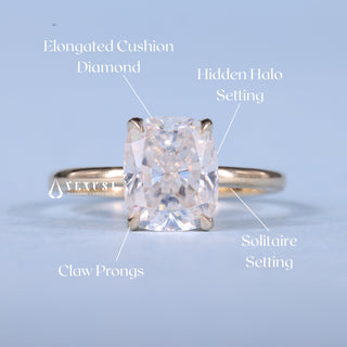 1.0CT Elongated Cushion Cut Moissanite Diamond Hidden Halo Solitaire Timeless Engagement Rings