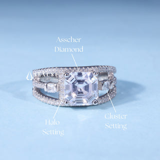 Asscher Cut Moissanite Halo Cluster Engagement Ring setting and band details