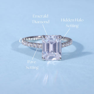Hidden Halo Emerald Cut Engagement Ring with Moissanite Pave setting and band details