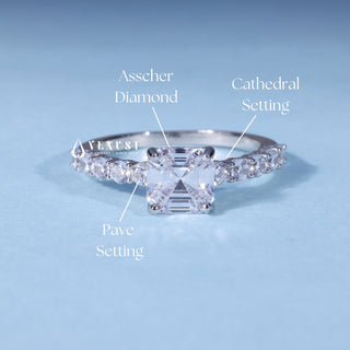 Moissanite Asscher Cut Engagement Ring with Pave Band setting and band details