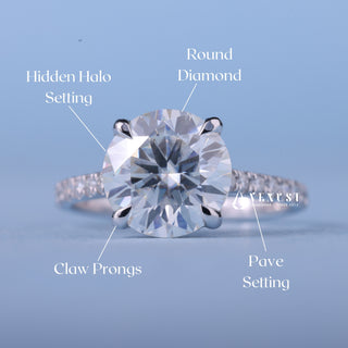Shimmering 1.50ct round hidden halo moissanite ring shown on a finger