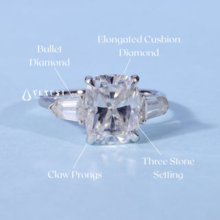 Three-Stone Elongated Cushion Cut Moissanite Engagement Ring setting and band details