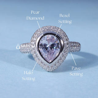 Pear Cut Bezel Moissanite Halo Engagement Ring with Pave setting and band details