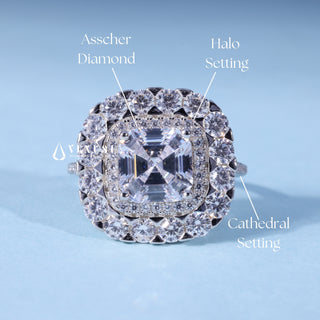 Asscher Cut Cathedral Moissanite Engagement Ring with Halo setting and band details