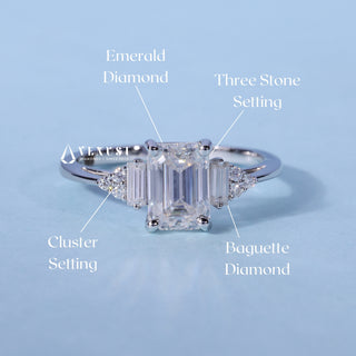 Emerald Cut Three Stone Moissanite Engagement Ring setting and band details