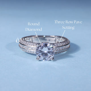 Round Cut Moissanite Three Row Pave Engagement Ring setting and band details