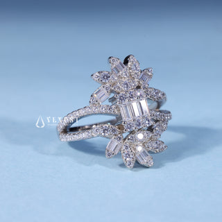 0.70CT Round Moissanite Baguette Cluster Engagement Ring setting and band details
