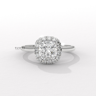 Halo Solitaire Cushion Cut Moissanite Engagement Ring profile view