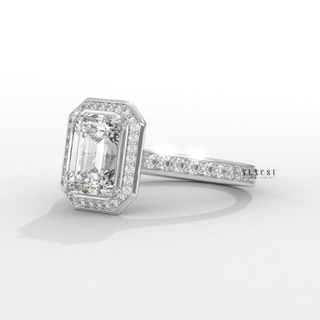 Double Halo Moissanite Emerald Cut Engagement Ring side view