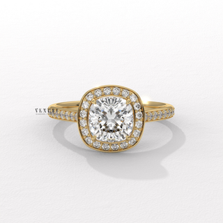 Halo Pave Cushion Cut Moissanite Engagement Ring angled view