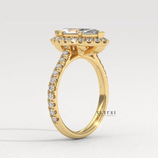 Brilliant Halo Pave Marquise Cut Moissanite Engagement Ring three quarter view
