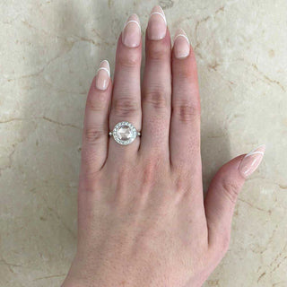 halo moissanite ring close sparkle angle