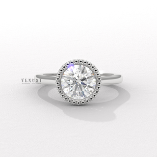Round cut moissanite ring with unique bezel setting