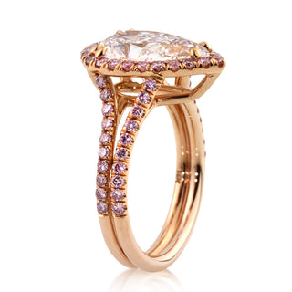 Vivid pear halo split shank moissanite ring side detail view
