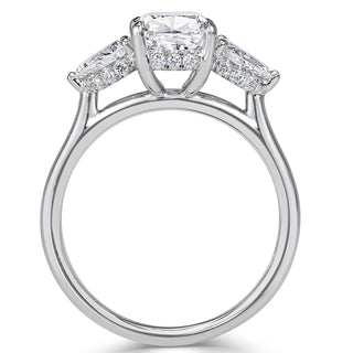 Old mine cushion three stone moissanite engagement ring close up detail