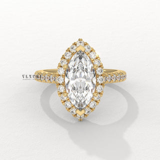 Brilliant Halo Pave Marquise Cut Moissanite Engagement Ring angled view