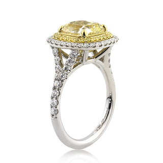 Yellow cushion double halo moissanite engagement ring stone detail view